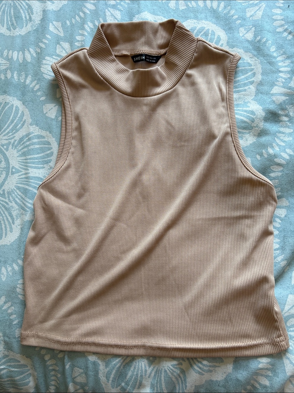 SHEIN Ribbed Mock Neck Sleeveless Crop Tank in Tan